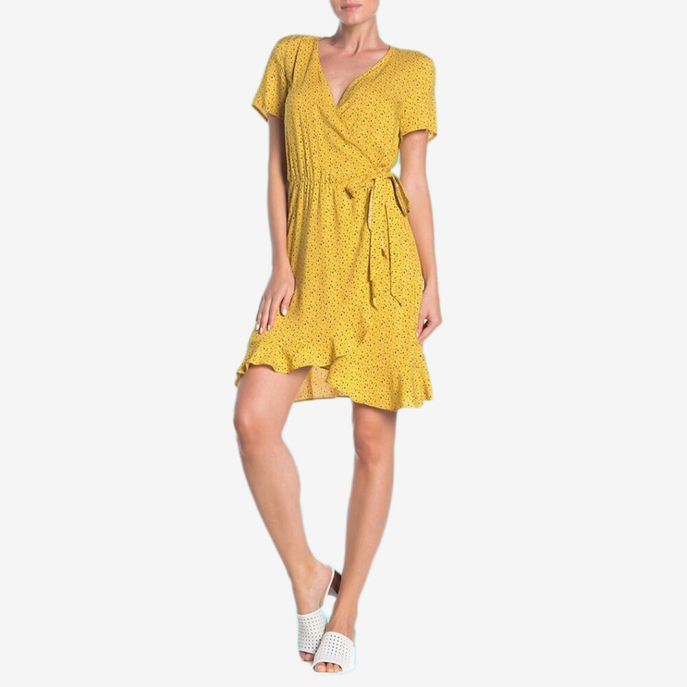 NWT Como Vintage Mustard Yellow Printed Ruffle Wrap Mini Dress S Rayon